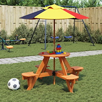 vidaXL Picknickbord med parasoll för 4 barn massivt granträ