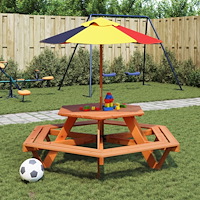 vidaXL Picknickbord med parasoll för 6 barn sexkantigt massivt granträ