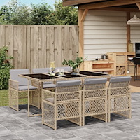vidaXL Matgrupp för trädgården med dynor 7 delar beige konstrotting