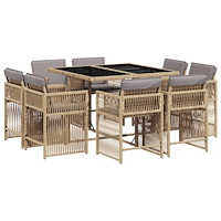 vidaXL Matgrupp för trädgården med dynor 9 delar mixbeige konstrotting