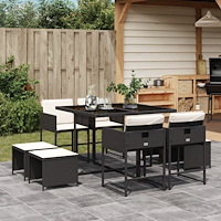 vidaXL Matgrupp för trädgården med dynor 9 delar svart konstrottning