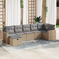 vidaXL Matgrupp för trädgården med dynor 7 delar beige konstrotting