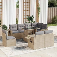 vidaXL Soffgrupp för trädgården med dynor 9 delar beige konstrotting