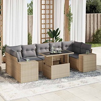 vidaXL Matgrupp för trädgården med dynor 8 delar beige konstrotting