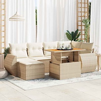 vidaXL Matgrupp för trädgården med dynor 7 delar beige konstrotting