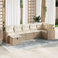 vidaXL Matgrupp för trädgården med dynor 7 delar beige konstrotting