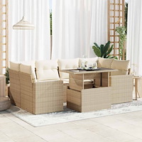 vidaXL Matgrupp för trädgården med dynor 7 delar beige konstrotting