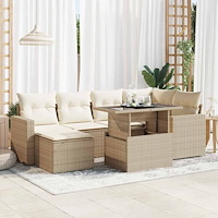 vidaXL Matgrupp för trädgården med dynor 7 delar beige konstrotting