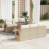 vidaXL Matgrupp för trädgården med dynor 7 delar beige konstrotting