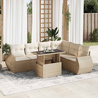 vidaXL Matgrupp för trädgården med dynor 7 delar beige konstrotting