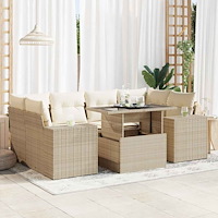 vidaXL Matgrupp för trädgården med dynor 7 delar beige konstrotting