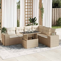 vidaXL Matgrupp för trädgården med dynor 7 delar beige konstrotting