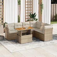 vidaXL Matgrupp för trädgården med dynor 7 delar beige konstrotting