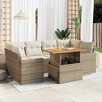 vidaXL Matgrupp för trädgården med dynor 7 delar beige konstrotting