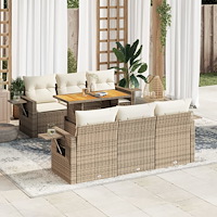 vidaXL Matgrupp för trädgården med dynor 7 delar beige konstrotting