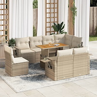 vidaXL Soffgrupp för trädgården med dynor 9 delar beige konstrotting