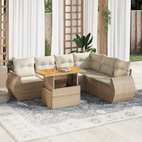vidaXL Matgrupp för trädgården med dynor 7 delar beige konstrotting