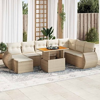 vidaXL Soffgrupp för trädgården med dynor 9 delar beige konstrotting