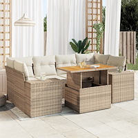 vidaXL Matgrupp för trädgården med dynor 7 delar beige konstrotting