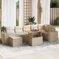 vidaXL Matgrupp för trädgården med dynor 8 delar beige konstrotting