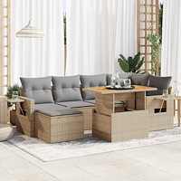 vidaXL Matgrupp för trädgården med dynor 7 delar beige konstrotting
