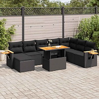 vidaXL Trädgårdssoffset med dynor 9 delar svart konstrotting akaciaträ