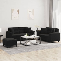 vidaXL Soffgrupp med kuddar 3 delar svart mikrofibertyg