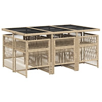 vidaXL Matgrupp för trädgården med dynor 7 delar beige konstrotting