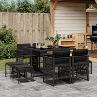 vidaXL Matgrupp för trädgården med dynor 9 delar svart konstrottning