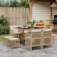 vidaXL Matgrupp för trädgården med dynor 9 delar beige konstrotting