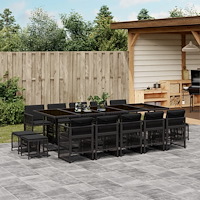 vidaXL Matgrupp för trädgården med dynor 15 delar svart konstrotting