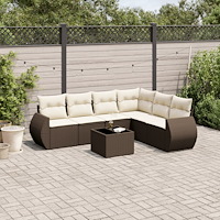 vidaXL Trädgårdssoffset med dynor 7 delar brun konstrotting