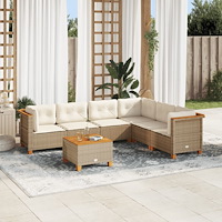 vidaXL Matgrupp för trädgården med dynor 7 delar beige konstrotting