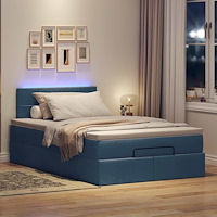 vidaXL Ottoman säng med madrass och LED-lampor blå 120x200 cm tyg
