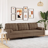 vidaXL 3-sitssoffa med prydnadskuddar brun 210 cm tyg