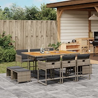 vidaXL Matgrupp för trädgården med dynor 11 delar grå konstrotting