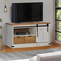 vidaXL TV-bänk HALDEN med skjutdörr vit 110x40x60 cm massivt trä