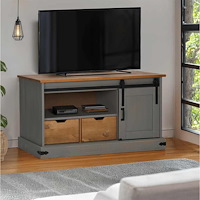 vidaXL TV-bänk HALDEN med skjutdörr grå 110x40x60 cm massivt trä