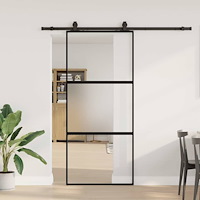 vidaXL Skjutdörr med beslagssats svart 90x205 cm härdat glas