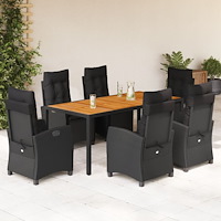 vidaXL Matgrupp för trädgården med dynor 7 delar svart konstrotting