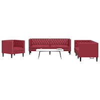 vidaXL Soffgrupp chesterfield 3 delar vinröd konstläder