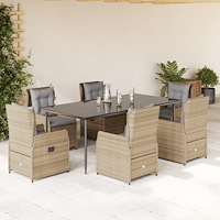 vidaXL Matgrupp för trädgården med dynor 7 delar beige konstrotting