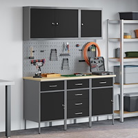 vidaXL 8-delars arbetskabinet och pegboard-set i svart MDF och metall