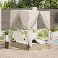 vidaXL Dubbel Solstol med Tak och Gardiner i Beige Poly Rattanfiber