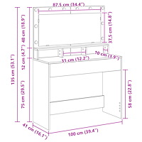 vidaXL Sminkbord med LED-lampor betonggrå 100x41x135 cm