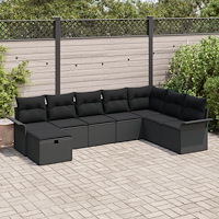 vidaXL 8-delars trädgårdsoff set med kuddar svart poly rattan, vidaXL 2-sits trädgårsoffa med förvaring och kuddar svart poly r...