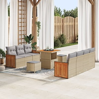 vidaXL 10-delars trädgårdsoffaset med kuddar Beige Poly Rattan Acacia, vidaXL 2-sits trädgårdsoffa med kuddar Beige Poly Rattan...