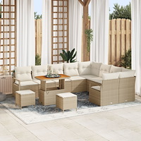 vidaXL 12-delars trädgårdsoffasett med kuddar beige poly rattan akacia, vidaXL 2-sits trädgårdsoffa med förvaring & kuddar beig...