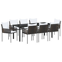 vidaXL 9-delat Trädgårdsdatabord med kuddar Brun Poly Rattan