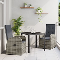 vidaXL 3-delat Trädgårdsdining Set med Kuddar - Grå Poly Rattan